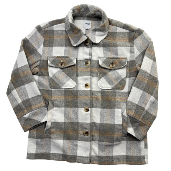 Kensie Jeans Jackets & Blazers - Kensie Plaid Fleece Shacket Jacket Pockets Gray Cream Cabincore Country Womens M